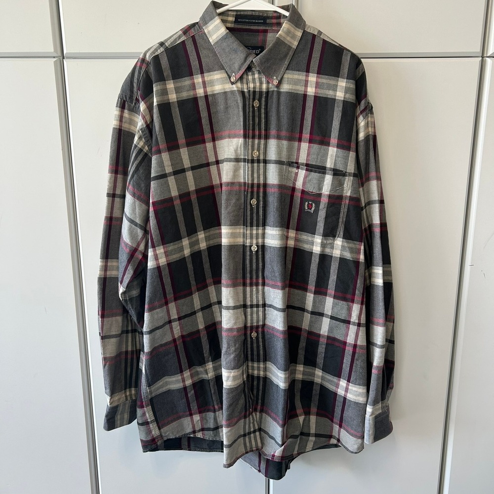 Siegfried Mens XLT Plaid Button Down Shirt Grey Burgundy Cotton Long Sleeve Tall